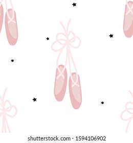 Seamless pattern of ballet Pointe shoes on a white background. Vector illustration for printing on fabric, postcards, wrapping paper, Wallpaper. Cute baby background for girls.