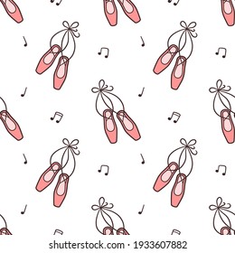 Seamless pattern with ballet pointe shoes. Ballerina accessories. Vector illustration in doodle style on white background