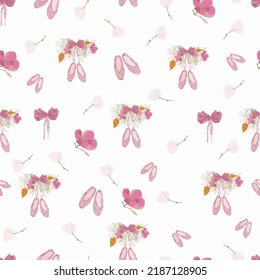 Seamless pattern with ballet pointe shoes. Ballerina accessories. Vector illustration in doodle style on white background. Lovely girlish ballet themed pink colored vector graphics for apparel t-shirt