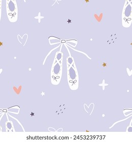 Seamless pattern with ballet pointe shoes on a purple background. Vector illustration for printing. Cute baby background for girls. Birthday.