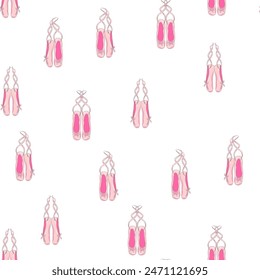 Seamless pattern with ballet pointe shoes and additional elements, imitation of a sketch, watercolors. Ballet school promo background