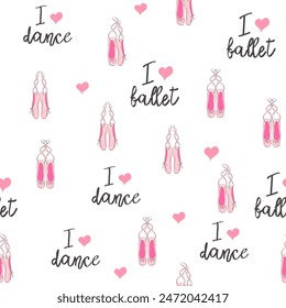 Seamless pattern with ballet pointe shoes and additional elements, imitation of a sketch, watercolors. Ballet school promo background