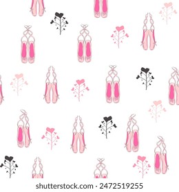 Seamless pattern with ballet pointe shoes and additional elements, imitation of a sketch, watercolors. Ballet school promo background