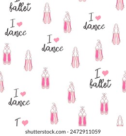 Seamless pattern with ballet pointe shoes and additional elements, imitation of a sketch, watercolors. Ballet school promo background