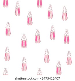 Seamless pattern with ballet pointe shoes and additional elements, imitation of a sketch, watercolors. Ballet school promo background