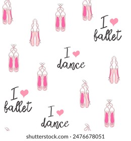 Seamless pattern with ballet pointe shoes and additional elements, imitation of a sketch, watercolors. Ballet school promo background