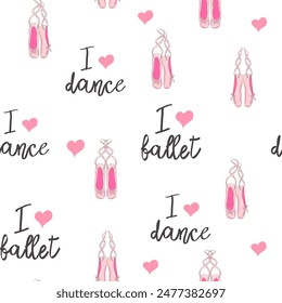 Seamless pattern with ballet pointe shoes and additional elements, imitation of a sketch, watercolors. Ballet school promo background