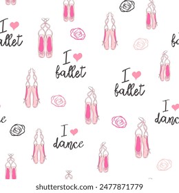 Seamless pattern with ballet pointe shoes and additional elements, imitation of a sketch, watercolors. Ballet school promo background