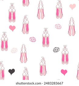 Seamless pattern with ballet pointe shoes and additional elements, imitation of a sketch, watercolors. Ballet school promo background