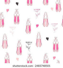 Seamless pattern with ballet pointe shoes and additional elements, imitation of a sketch, watercolors. Ballet school promo background