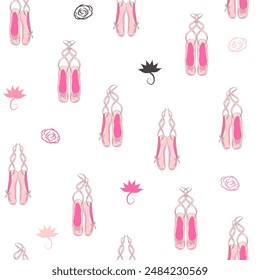 Seamless pattern with ballet pointe shoes and additional elements, imitation of a sketch, watercolors. Ballet school promo background