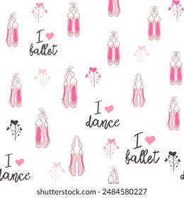 Seamless pattern with ballet pointe shoes and additional elements, imitation of a sketch, watercolors. Ballet school promo background