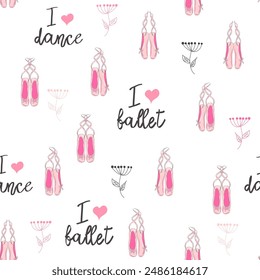 Seamless pattern with ballet pointe shoes and additional elements, imitation of a sketch, watercolors. Ballet school promo background