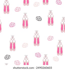 Seamless pattern with ballet pointe shoes and additional elements, imitation of a sketch, watercolors. Ballet school promo background