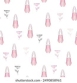 Seamless pattern with ballet pointe shoes and additional elements, imitation of a sketch, watercolors. Ballet school promo background