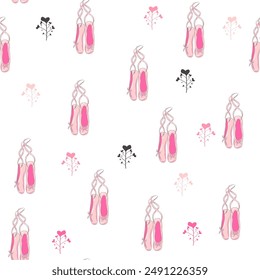 Seamless pattern with ballet pointe shoes and additional elements, imitation of a sketch, watercolors. Ballet school promo background