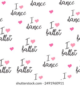 Seamless pattern with ballet pointe shoes and additional elements, imitation of a sketch, watercolors. Ballet school promo background