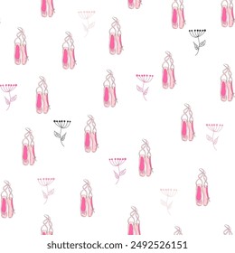 Seamless pattern with ballet pointe shoes and additional elements, imitation of a sketch, watercolors. Ballet school promo background