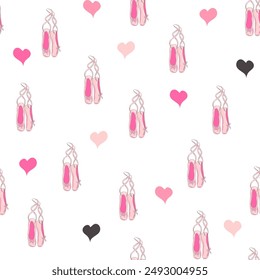 Seamless pattern with ballet pointe shoes and additional elements, imitation of a sketch, watercolors. Ballet school promo background