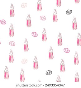 Seamless pattern with ballet pointe shoes and additional elements, imitation of a sketch, watercolors. Ballet school promo background