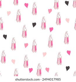 Seamless pattern with ballet pointe shoes and additional elements, imitation of a sketch, watercolors. Ballet school promo background