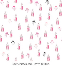 Seamless pattern with ballet pointe shoes and additional elements, imitation of a sketch, watercolors. Ballet school promo background