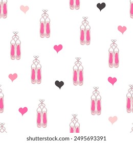 Seamless pattern with ballet pointe shoes and additional elements, imitation of a sketch, watercolors. Ballet school promo background