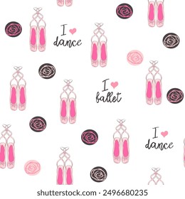 Seamless pattern with ballet pointe shoes and additional elements, imitation of a sketch, watercolors. Ballet school promo background