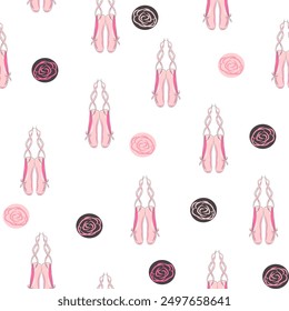 Seamless pattern with ballet pointe shoes and additional elements, imitation of a sketch, watercolors. Ballet school promo background