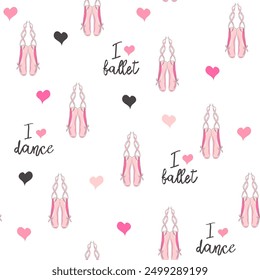 Seamless pattern with ballet pointe shoes and additional elements, imitation of a sketch, watercolors. Ballet school promo background