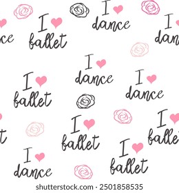 Seamless pattern with ballet pointe shoes and additional elements, imitation of a sketch, watercolors. Ballet school promo background