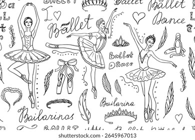 Seamless pattern of ballet themes in doodle style. Ballerina. Dance. Grace, pointe shoes, pointe, ballet tutu, feather, diadem, tiara, coronet, swan lake. Hand drawn