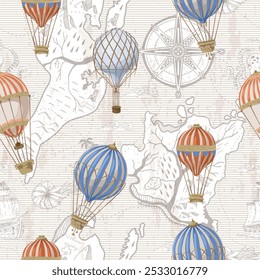 Padrão contínuo com balões e mapa. Vetor