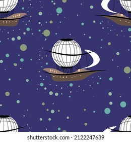 
Seamless pattern. Balloon with a basket in the sky. Space stars. Children's fantasy drawing