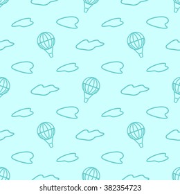 Seamless pattern with a balloon in the clouds high in the sky, aquamarine line on a light blue background.