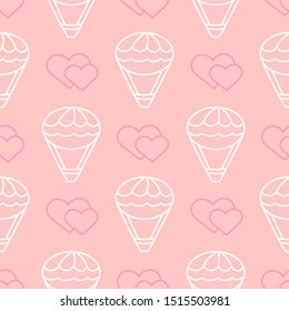 Seamless pattern with balloon flight and hearts. Flat illustration on pink background