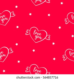 Seamless pattern with balloon heart with wings and stars. Cover for gift wrapping and textile. Vector
