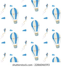 Seamless pattern with a balloon and a kite on a transparent background