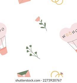 Seamless pattern with balloon, plants, rings and love letter. Soft vector background with Just married concept
