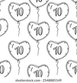 Seamless pattern of balloon  in shape of heart with number  seventy in center in outline style