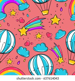Seamless pattern with balloon, stars rainbow, clouds and other elements.