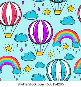 Seamless pattern with balloon, stars rainbow, clouds and other elements.