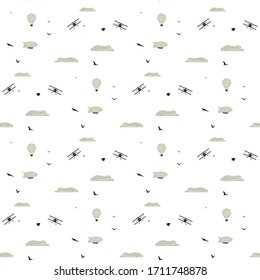 Patrón sin problemas, globo, aeroplano, globo, avión, nubes de aves, ilustración vectorial