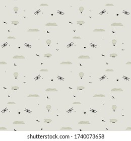 Seamless pattern of ballooning, airplane, clouds, birds, balloon, airship, vector illustration