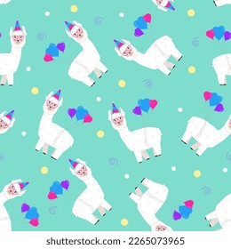 seamless pattern with balloons and alpaca with glasses