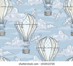 Seamless pattern with balloons, birds and clouds
