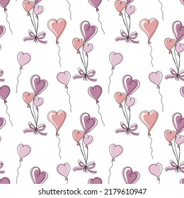 Seamless pattern with balloons for birthday and party. Flying balloon with rope. One line art vector illustration. Cover of planner, bullet journal, decor for children’s room, textile, greeting card