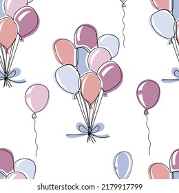 Seamless pattern with balloons for birthday and party. Flying balloon with rope. One line art vector illustration. Cover of planner, bullet journal, decor for children’s room, textile, greeting card