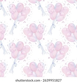Seamless pattern of balloons for birthday, wedding, Transparent, pink, glossy, tied with ribbon, surrounded by falling confetti. Isolated on white background. Vector