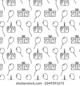 Seamless pattern with balloons, cakes, and gift boxes, outline style on white background. Perfect for birthday, party design, wrapping paper, cards, invitations, and packaging.